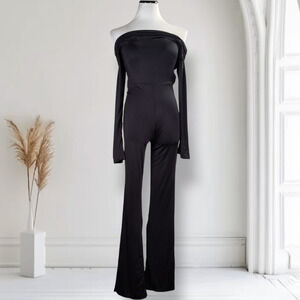 Oh Polly Black Off Shoulder Cutout Back Long Sleeve Double Lined Jumpsuit US 4
